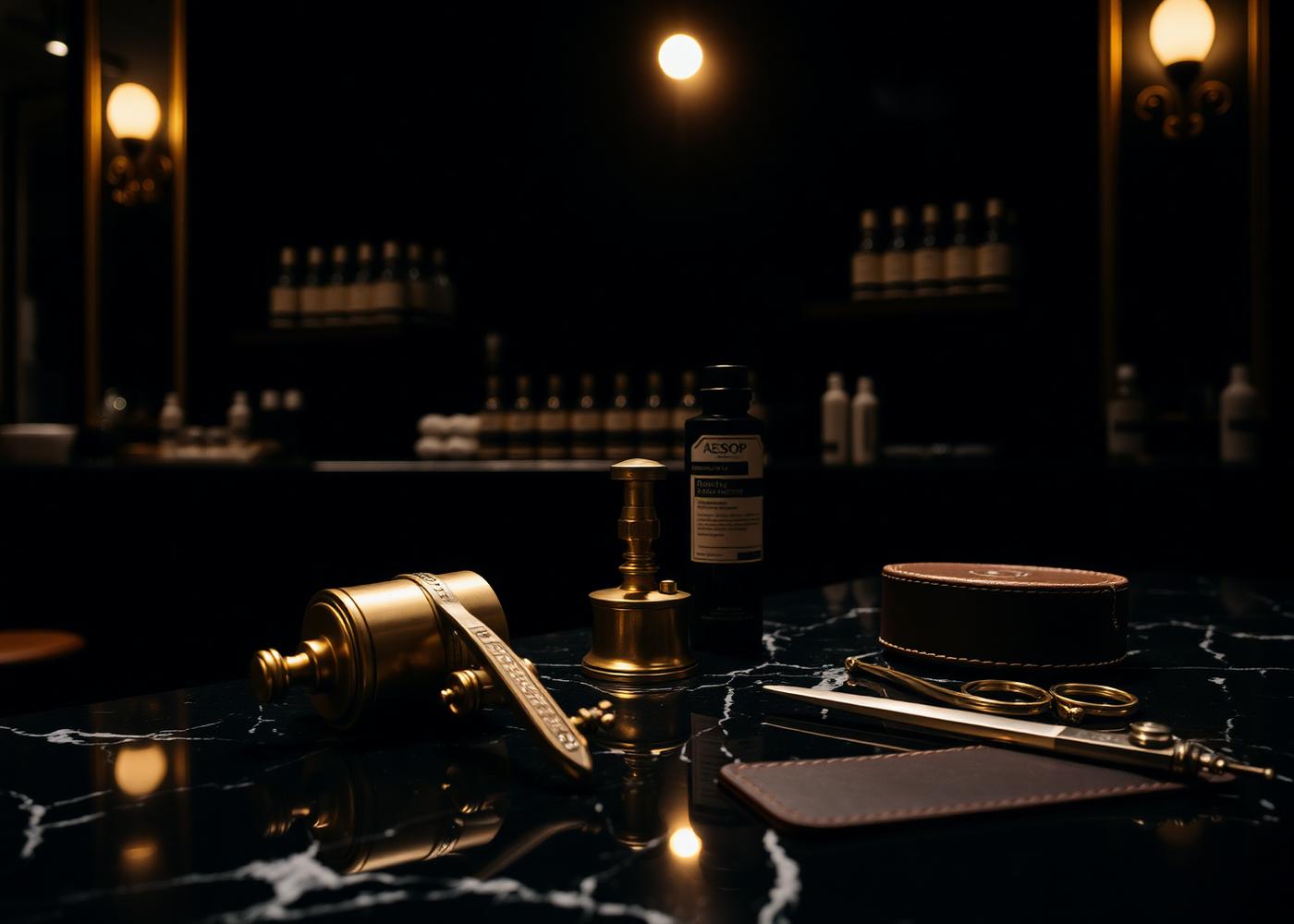 Herramientas de barbería sobre una superficie oscura